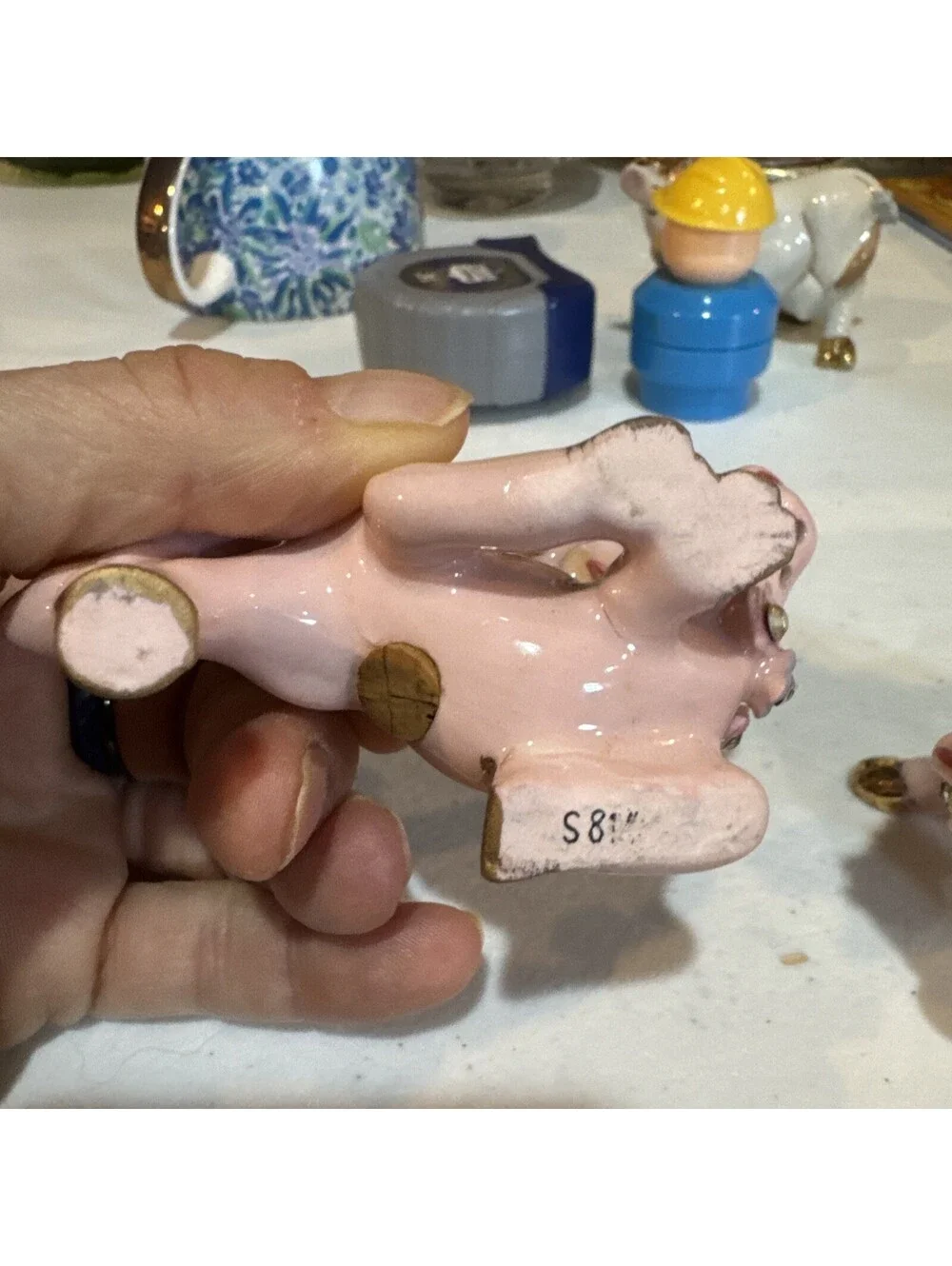 1950s pink and gold ceramic cow and bull salt and pepper shakers